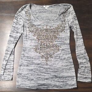 Cache Silver and Black Embellished Long Sleeve Top